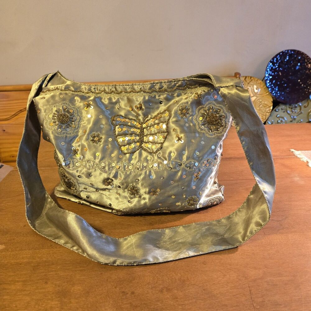 Chateau Sage Green Satin Crossbody Bag Gold Sequin Beaded Butterfly Purse 13x14
